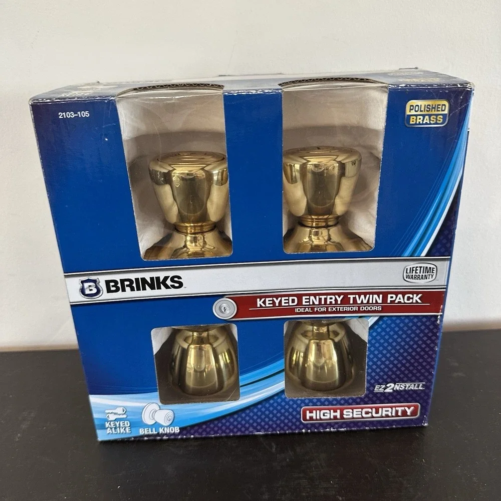 New Brinks Keyed Entry Twin Two Pack Polished Brass Door Knobs Exterior Lifetime